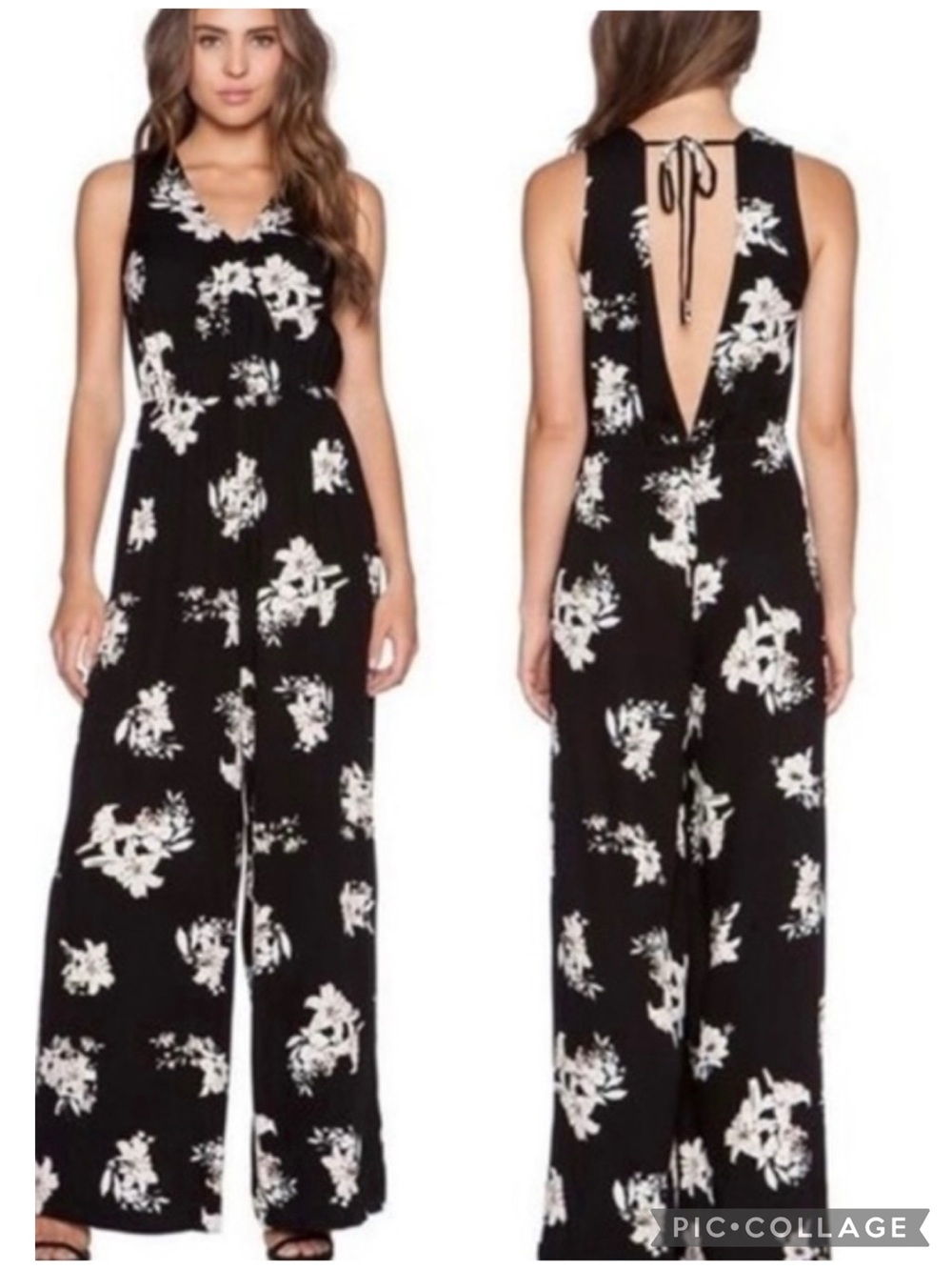 BB Dakota Black Floral Open Back Sleeveless Wide Leg Jumpsuit M Quiet Luxury